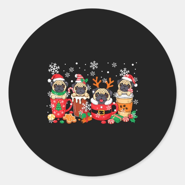 Sticker Rond Group Santa Reindeer Pugs In Coffee C Christmas  (Devant)