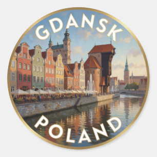 Sticker Rond Grue de Gdansk sur la rivière Motlawa vue historiq