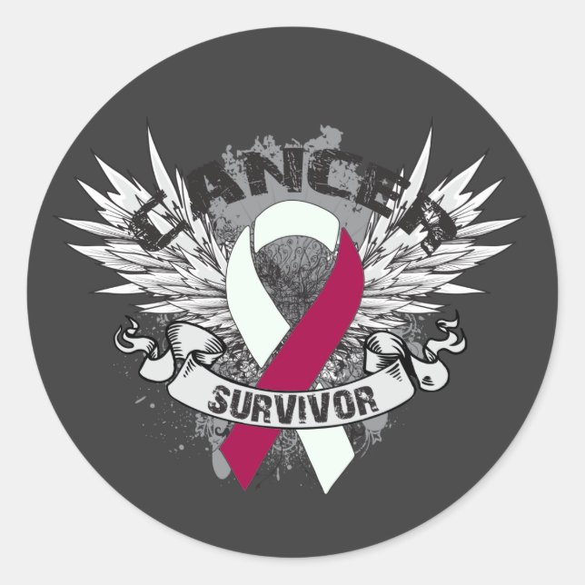 Sticker Rond Grunge ailé Ruban Tête Cou Cancer Survivant (Devant)