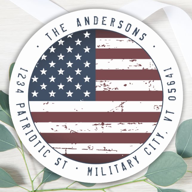 Sticker Rond Grunge American Flag Adresse de retour personnalis (Créateur téléchargé)