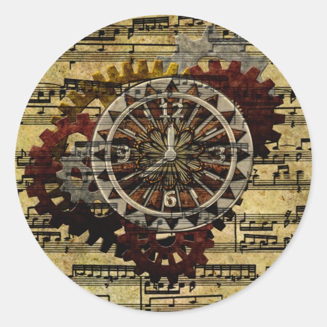 Sticker Rond Grunge Steampunk Horloges et engrenages (Devant)