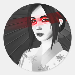 Sticker Rond Gueisha noir et blanc aux yeux rouges