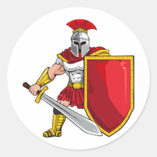 Sticker Rond Guerrier antique avec épée et bouclier dans un cas