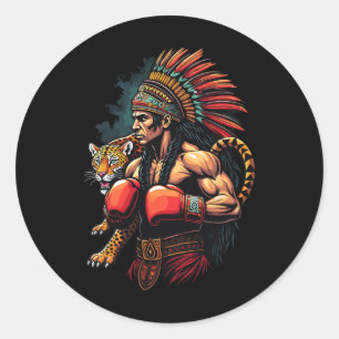 Sticker Rond Guerrier Inca Mexicain En Boxe Avec Esprit Jaguar