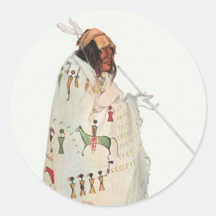 Sticker Rond Guerrier indien avec pipe Portrait par Karl Bodmer