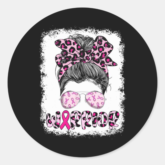 Sticker Rond Guerrier Messy Bun Leopard Sensibilisation au canc (Devant)