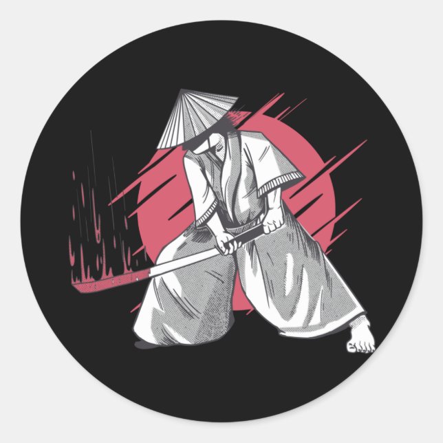 Sticker Rond Guerrier Samouraï Frappant avec Katana (Devant)
