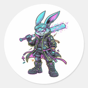 Sticker Rond Guerrière Lapin Néon Cyberpunk – Lapin Futuriste