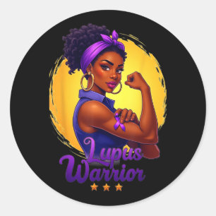 Sticker Rond Guerrière Lupus Afro Femme Noire Porte Ruban Viole