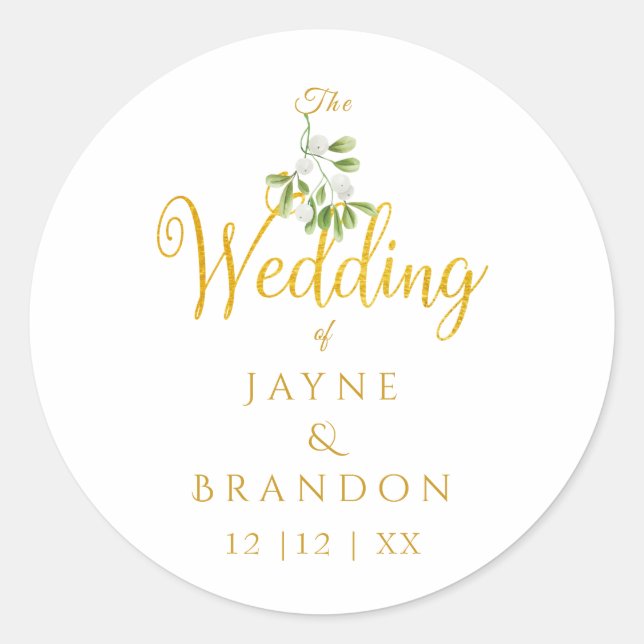 Sticker Rond Gui de mariage hivernal élégant écriture dorée (Devant)