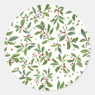 Sticker Rond Gui de Noël Rouge Baies Blanc Aquarelle