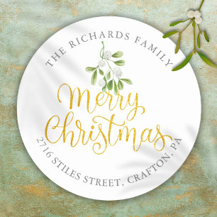 Sticker Rond Gui Merry Christmas Adresse de Retour en Or