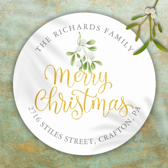 Sticker Rond Gui Merry Christmas Adresse de Retour en Or (Mistletoe Gold Merry Christmas Return Address Classic Round Sticker)