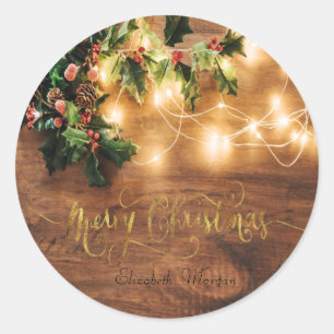 Sticker Rond Gui vert, Guirlande lumineuse, Noël en bois