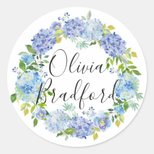 Sticker Rond Guirlande bleue d'hortensias d'aquarelle