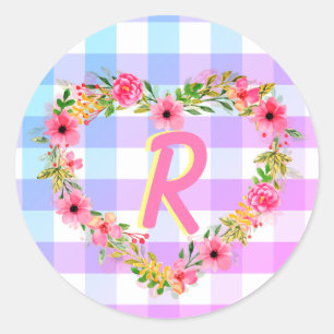 Sticker Rond Guirlande florale de coeur de guingan en pastel