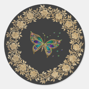 Sticker Rond Guirlande Florale Or, Papillon coloré