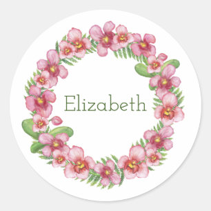 Sticker Rond Guirlande florale rose et verte Personnalisée Clas