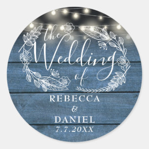 Sticker Rond Guirlande Lumineuse Florale Rustique Bleu Bois Mar
