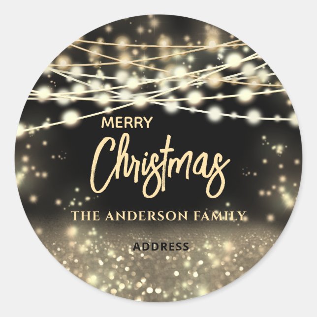 Sticker Rond Guirlande lumineuse noire et or scintille Joyeux N (Devant)