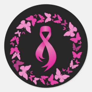 Sticker Rond Guirlande rose de papillons - cancer du sein