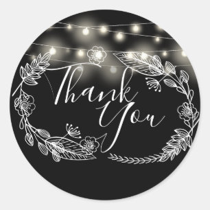 Sticker Rond Guirlandes lumineuses Fleurs noir et blanc Merci