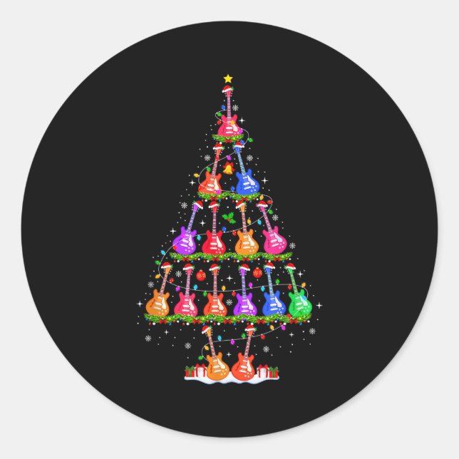 Sticker Rond Guitar Christmas Tree Lights Funny Xmas Pajamas Gu (Devant)