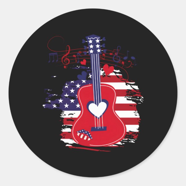 Sticker Rond Guitare 4 juillet Drapeau Américain Usa Country Mu (Devant)