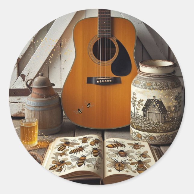 Sticker Rond Guitare acoustique abeilles Pays Vie Nature (Devant)