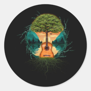 Sticker Rond Guitare Acoustique Par Le Lac Nature Guitariste