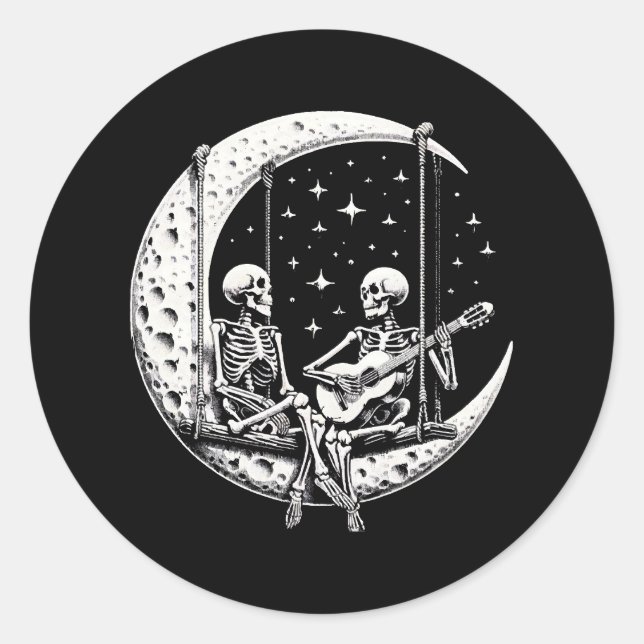 Sticker Rond Guitare de lune de couple de squelettes (Devant)