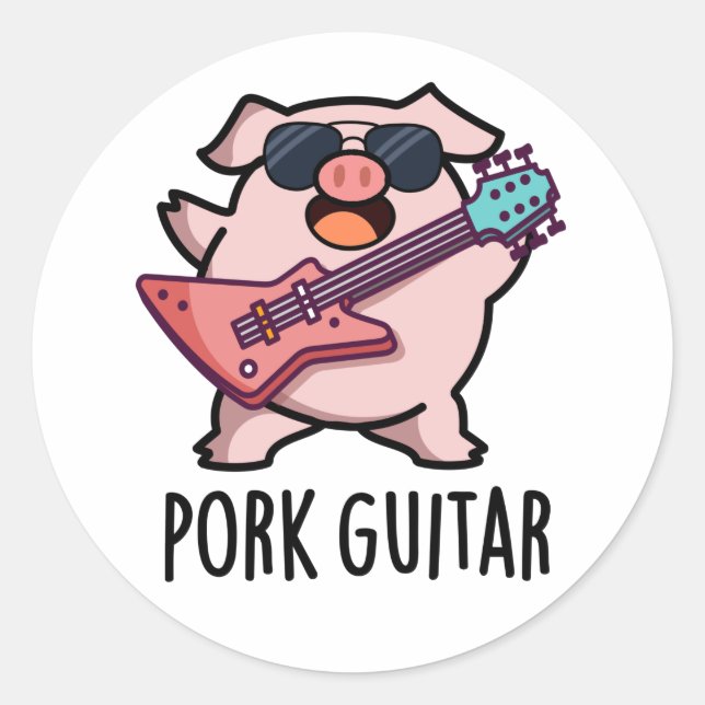 Sticker Rond Guitare de porc Funny Rock Guitare Pig Pun (Devant)