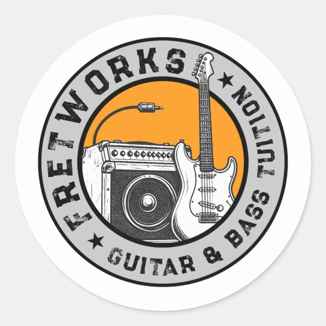 Sticker Rond Guitare et cours de basse - Fret Works (Devant)