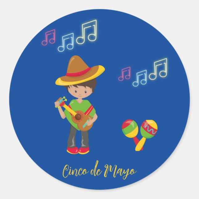 Sticker Rond Guitare Jouer Hombre avec Maracas Notes musicales (Devant)