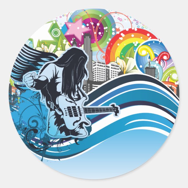 Sticker Rond Guitare Player ~ Rock Heavy Metal Band Musique (Devant)