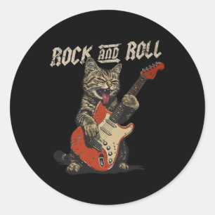 Sticker Rond Guitare Rock Et Roll Chat Vintage Rock Guitariste