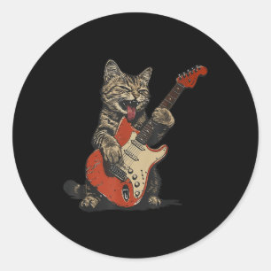 Sticker Rond Guitare Rock Et Roll Chat Vintage Rock Guitariste