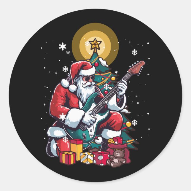 Sticker Rond Guitariste Père Noël Jouer à la guitare électrique (Devant)