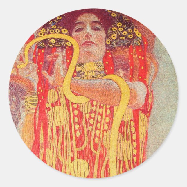 Sticker Rond Gustav Klimt Red Woman Gold Snake Peinture (Devant)