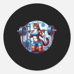 Sticker Rond Gym Muscle Girl Avec Barbell Power Beauté Bodybu