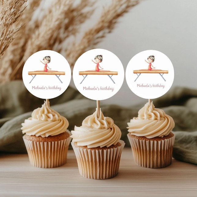 Sticker Rond Gymnastique fille sur poutre rose et blanc anniver (Créateur téléchargé)