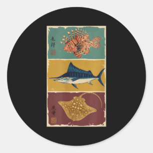 Sticker Rond Gyotaku impression de poisson traditionnelle japon