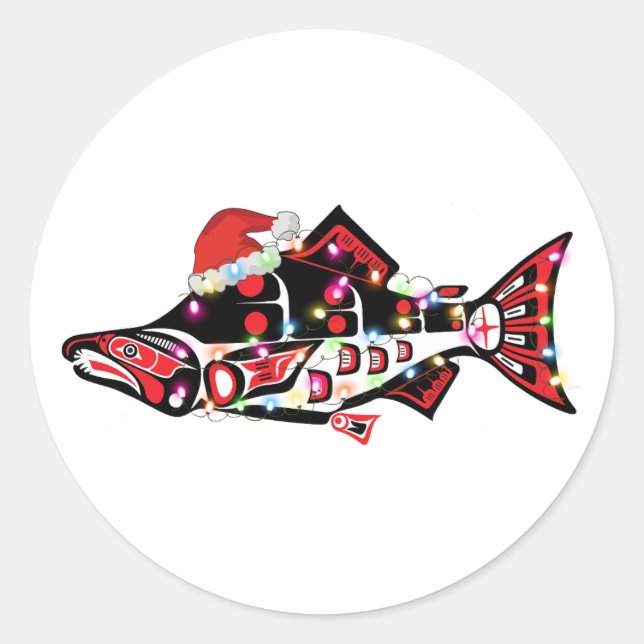 Sticker Rond Haida Esprit Saumon Animal avec lumières de Noël (Devant)