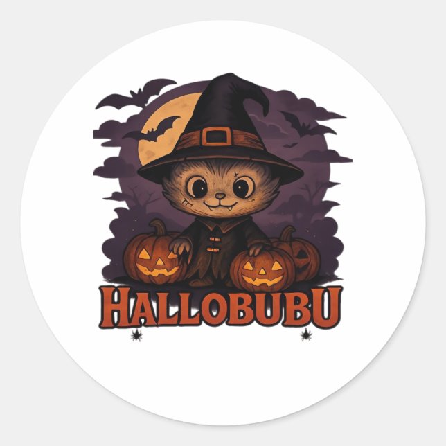 Sticker Rond Hallobubu Halloween mignonne et Éffrayante sorcièr (Devant)