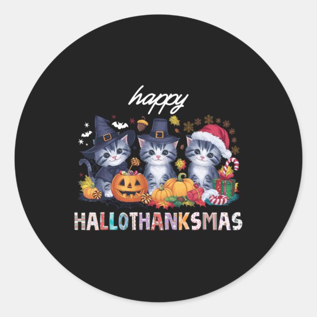 Sticker Rond Hallothanksmas Chat Noël Halloween Thanksgivin (Devant)
