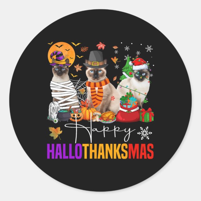 Sticker Rond Hallothanksmas Chat Siamese Halloween Thanksgiving (Devant)