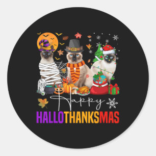 Sticker Rond Hallothanksmas Chat Siamese Halloween Thanksgiving