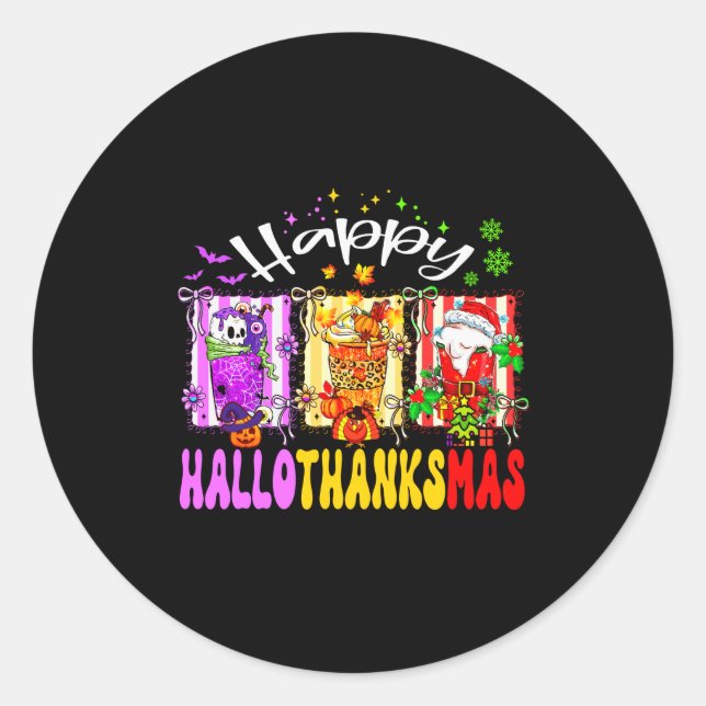 Sticker Rond Hallothanksmas Coffee Latte Halloween Thanksgiving (Devant)