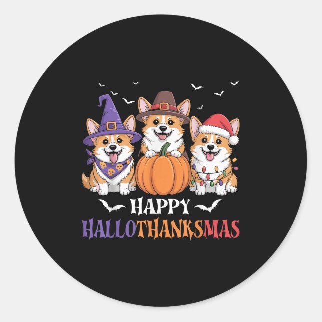Sticker Rond Hallothanksmas Corgi Chiens Halloween Christma (Devant)
