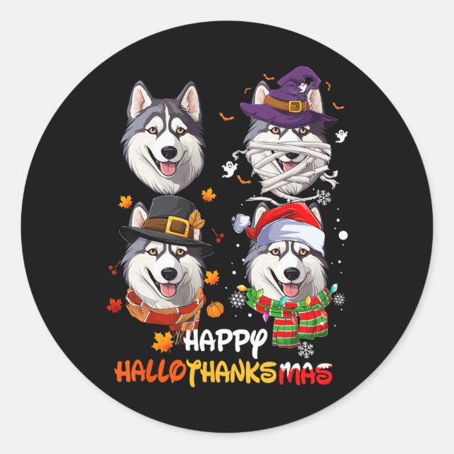 Sticker Rond Hallothanksmas de chien Husky Halloween Thanksgivi (Devant)